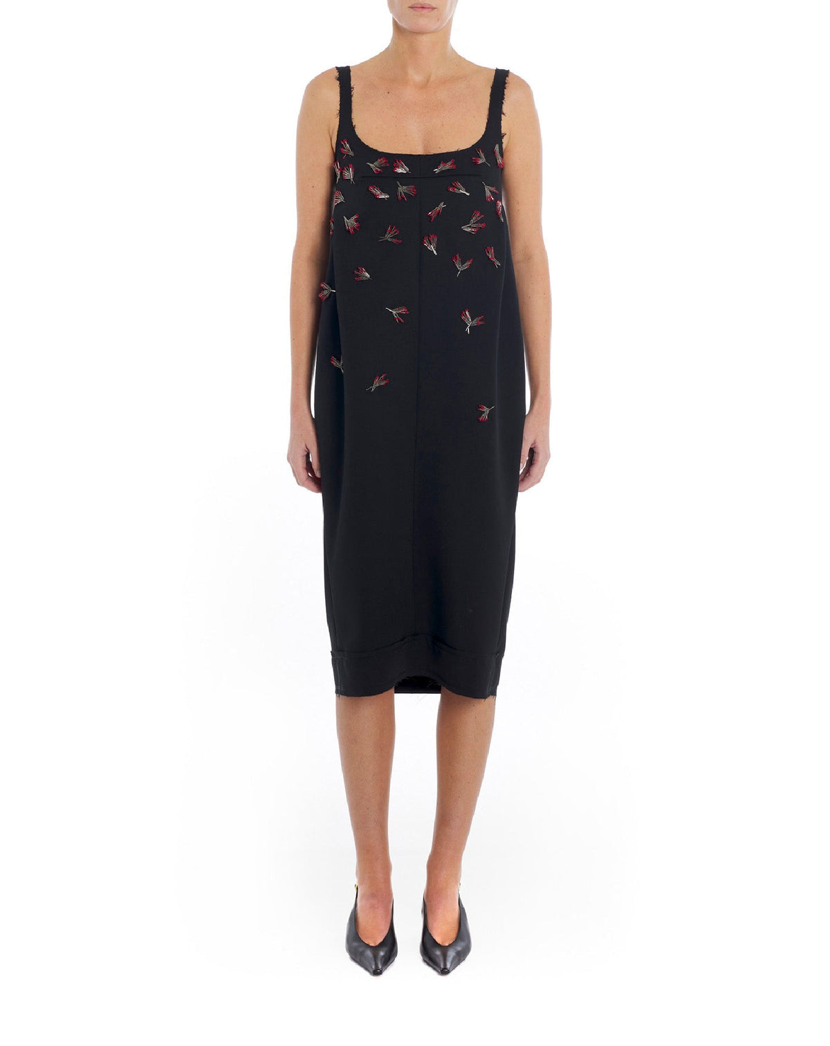 Robe midi brodée bretelles en tissu - Noir