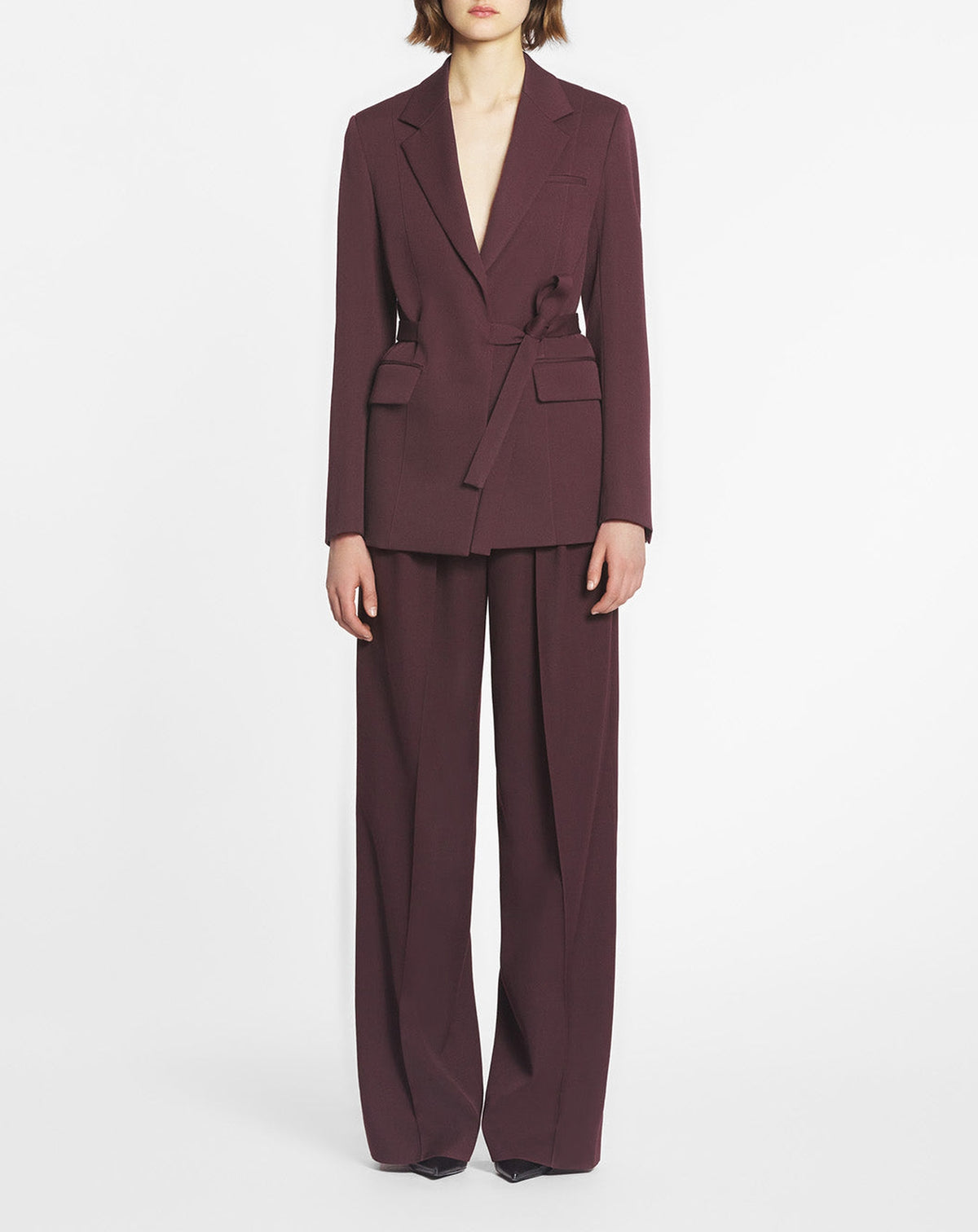 Veste tailleur ceinturée en laine - Bordeaux