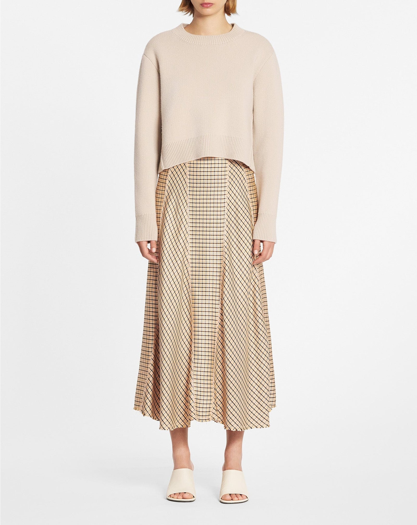 Jupe midi plissée motif pied-de-poule - Marron & Orange