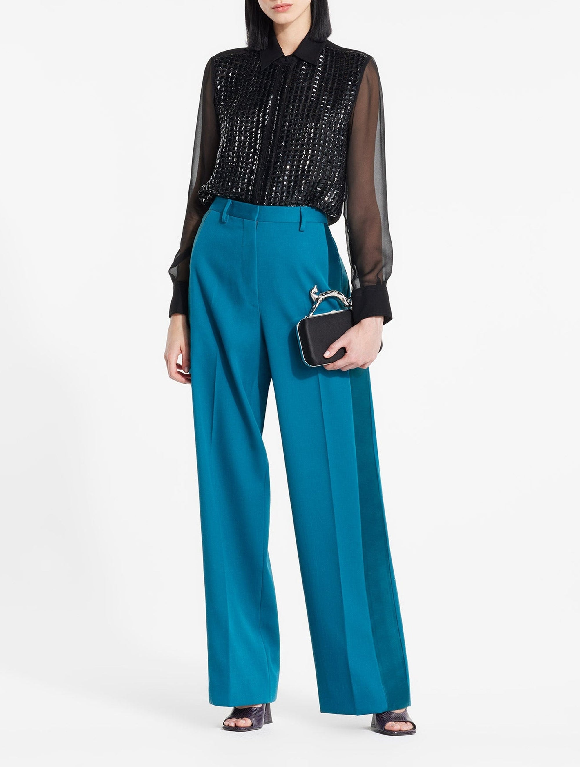 Pantalon de tailleur à jambe droite en laine - Bleu Canard