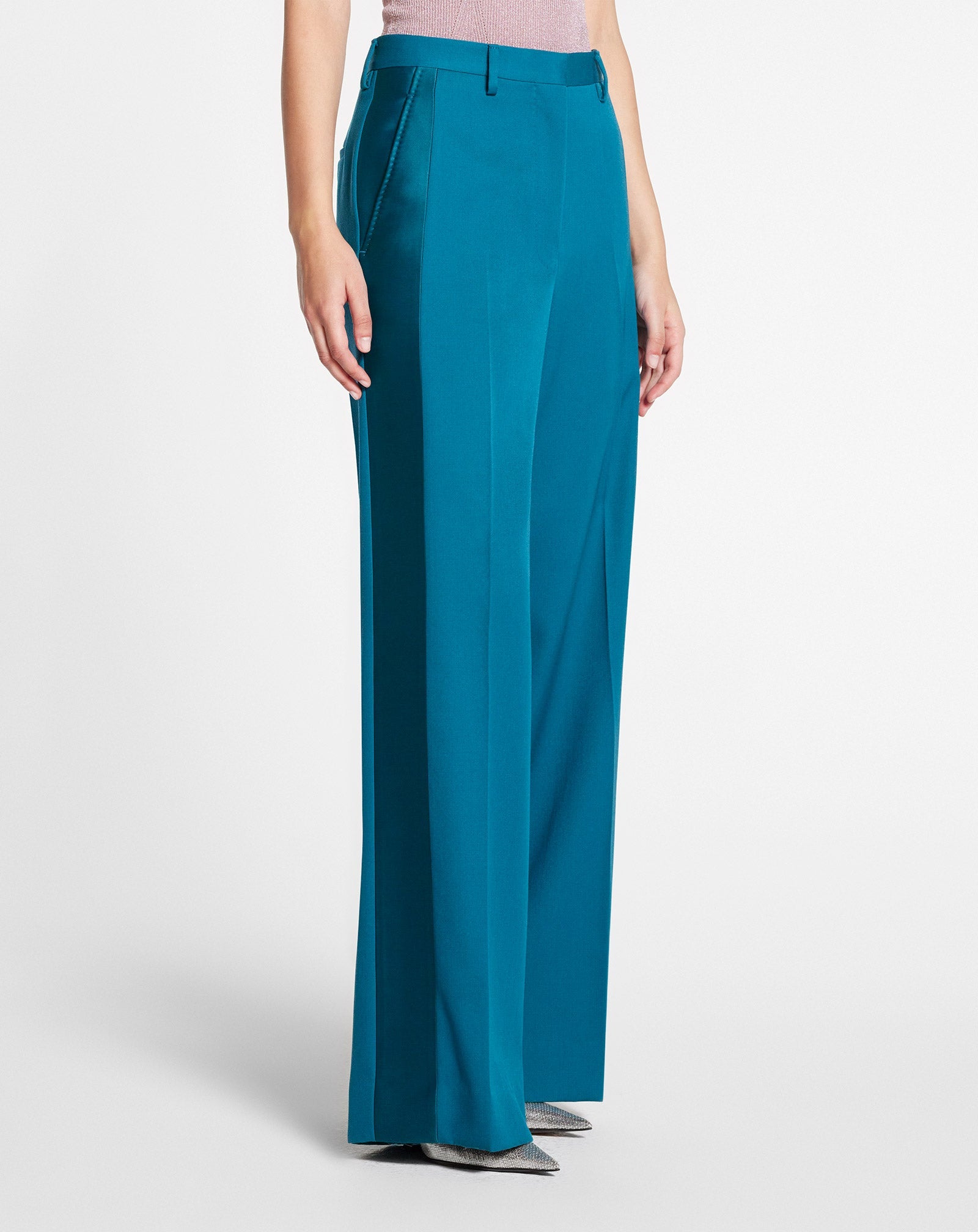Pantalon de tailleur à jambe droite en laine - Bleu Canard