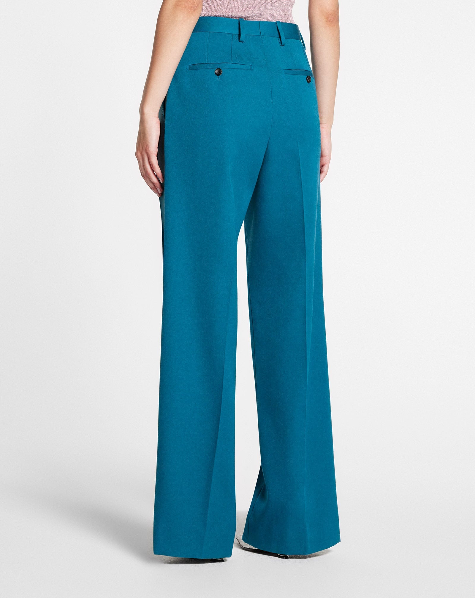 Pantalon de tailleur à jambe droite en laine - Bleu Canard