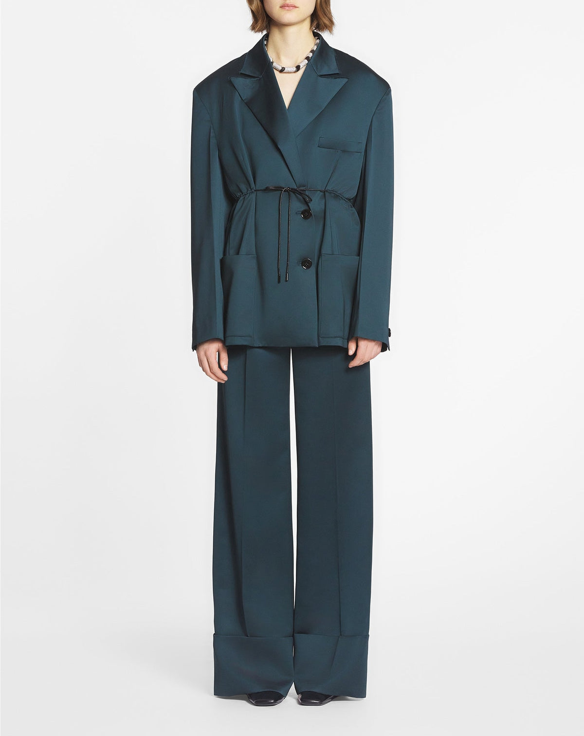 Pantalon large à ourlet en laine mélangée - Vert Foret