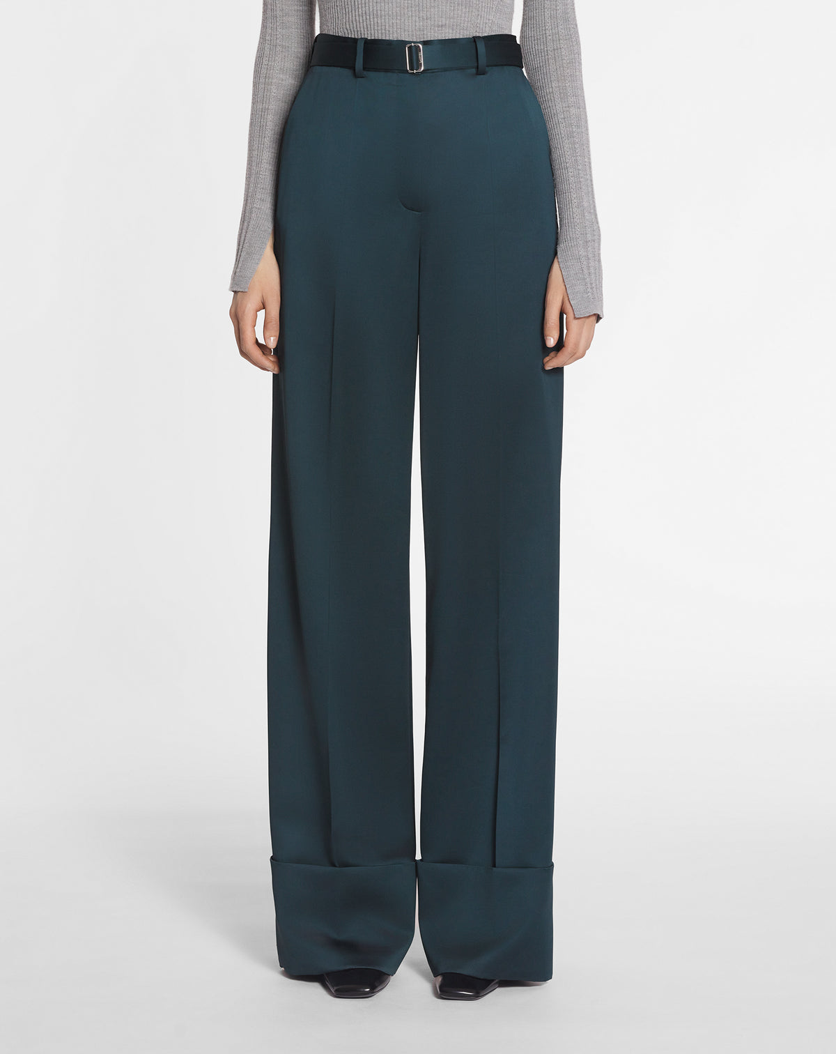 Pantalon large à ourlet en laine mélangée - Vert Foret
