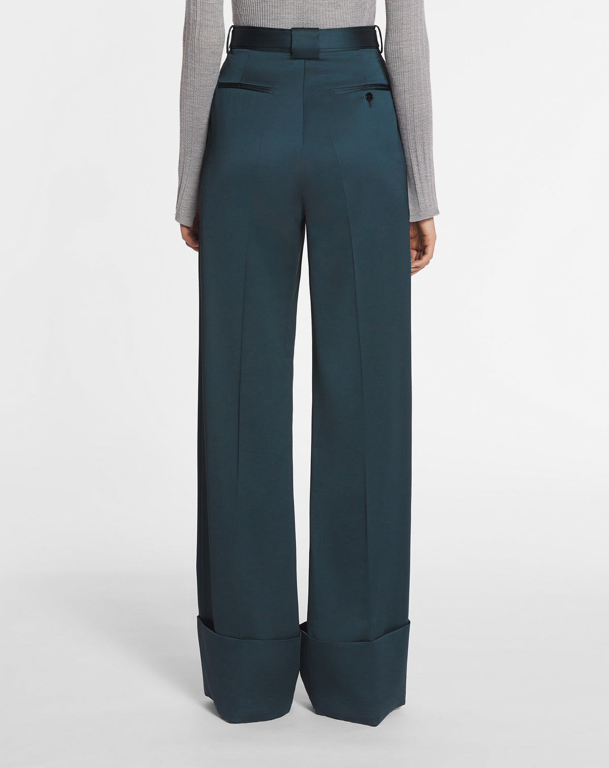 Pantalon large à ourlet en laine mélangée - Vert Foret
