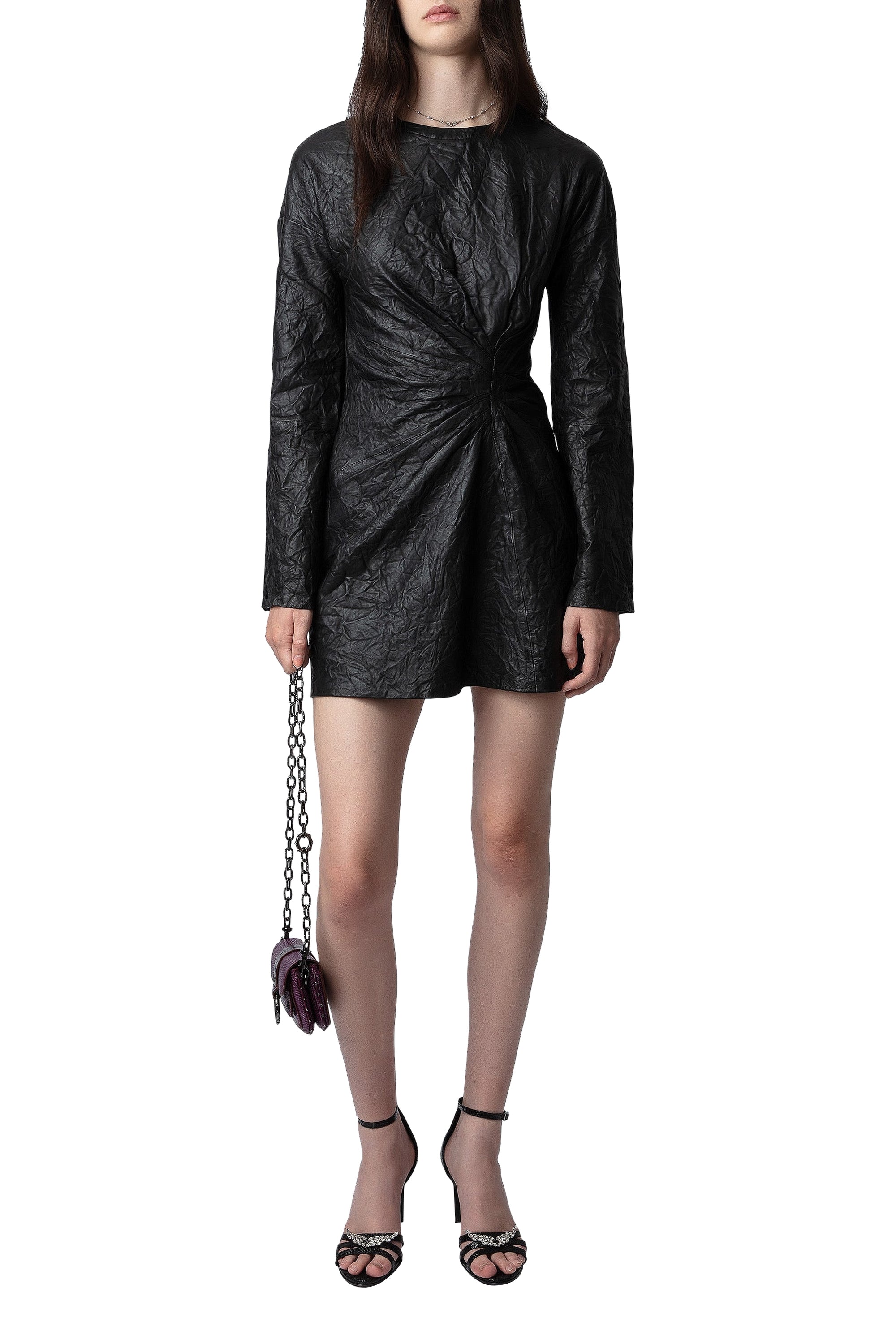 Rixina dress in crinkled leather - Black