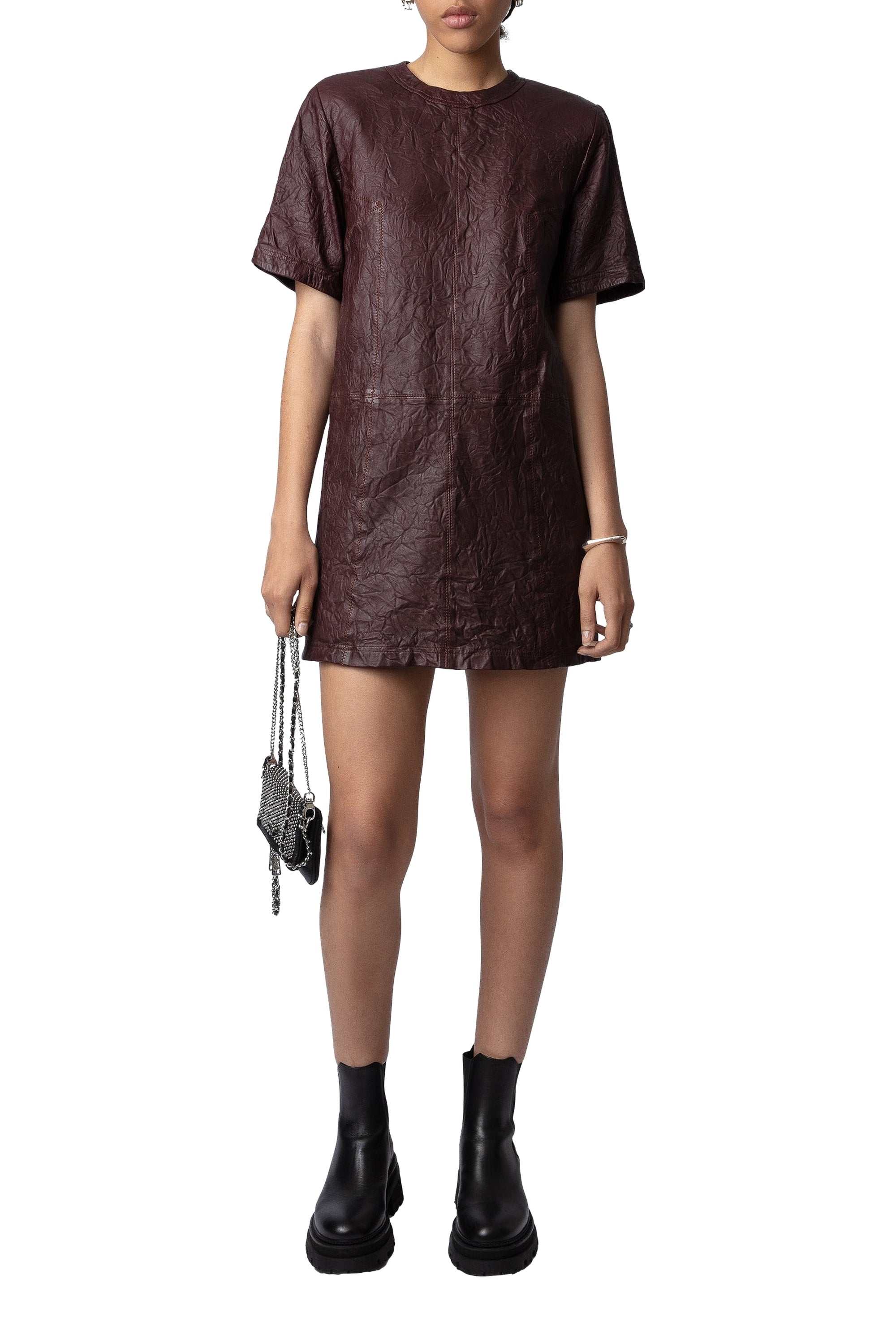 Riddy dress in crinkled leather - Chocolate