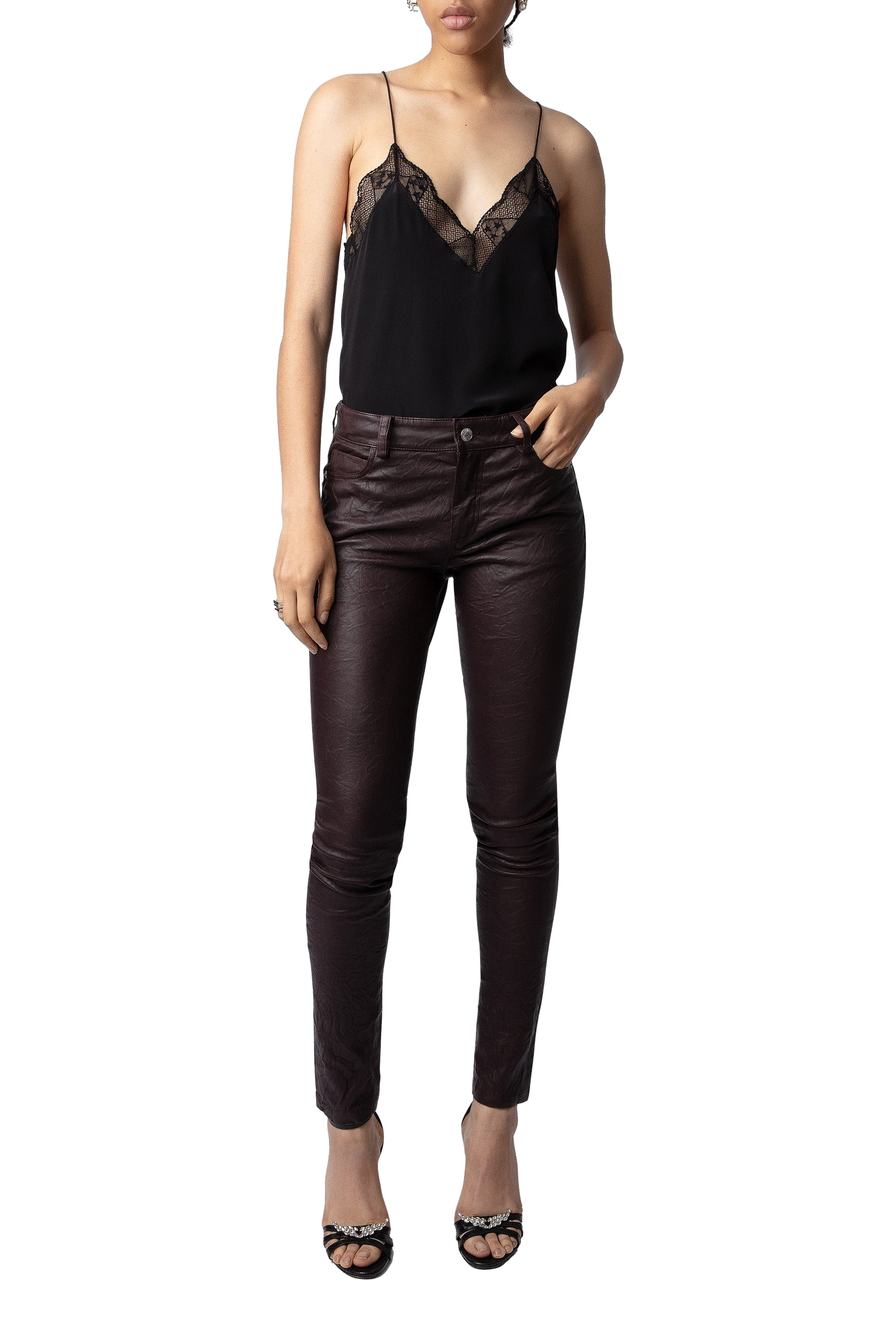 Phlame trousers in crumpled leather - Chocolate