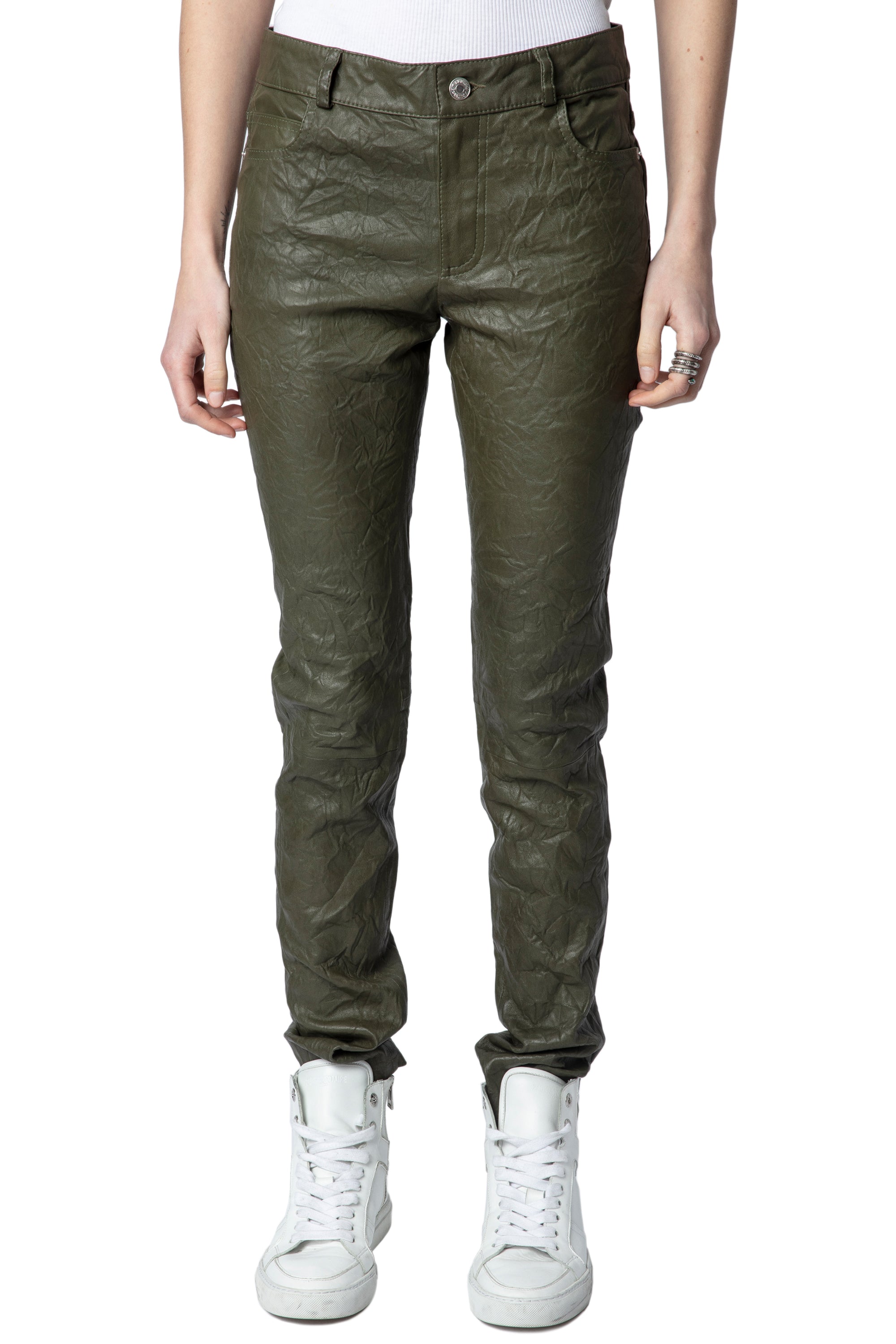 Phlame trousers in crumpled leather - Pickle