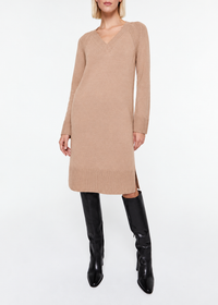 Robe longue col V en laine & cachemire - Camel