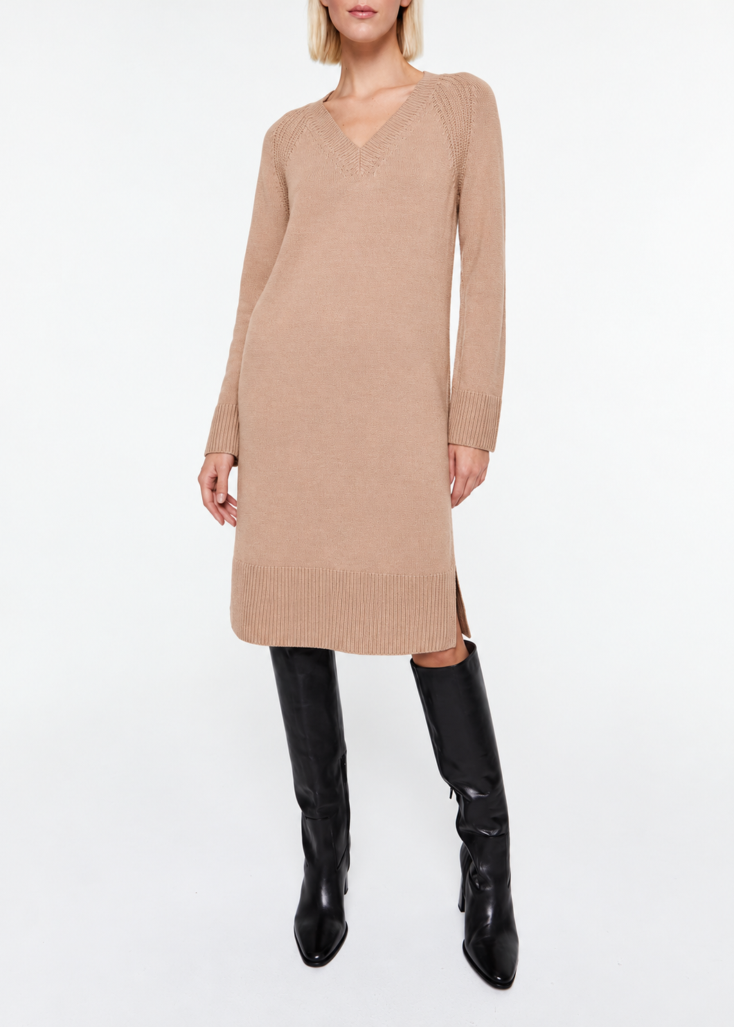 Robe longue col V en laine & cachemire - Camel