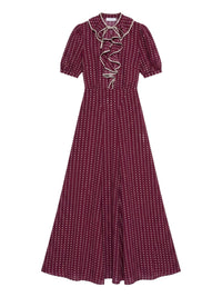 Robe longue à pois manches courtes en soie - Bordeaux & Bianco