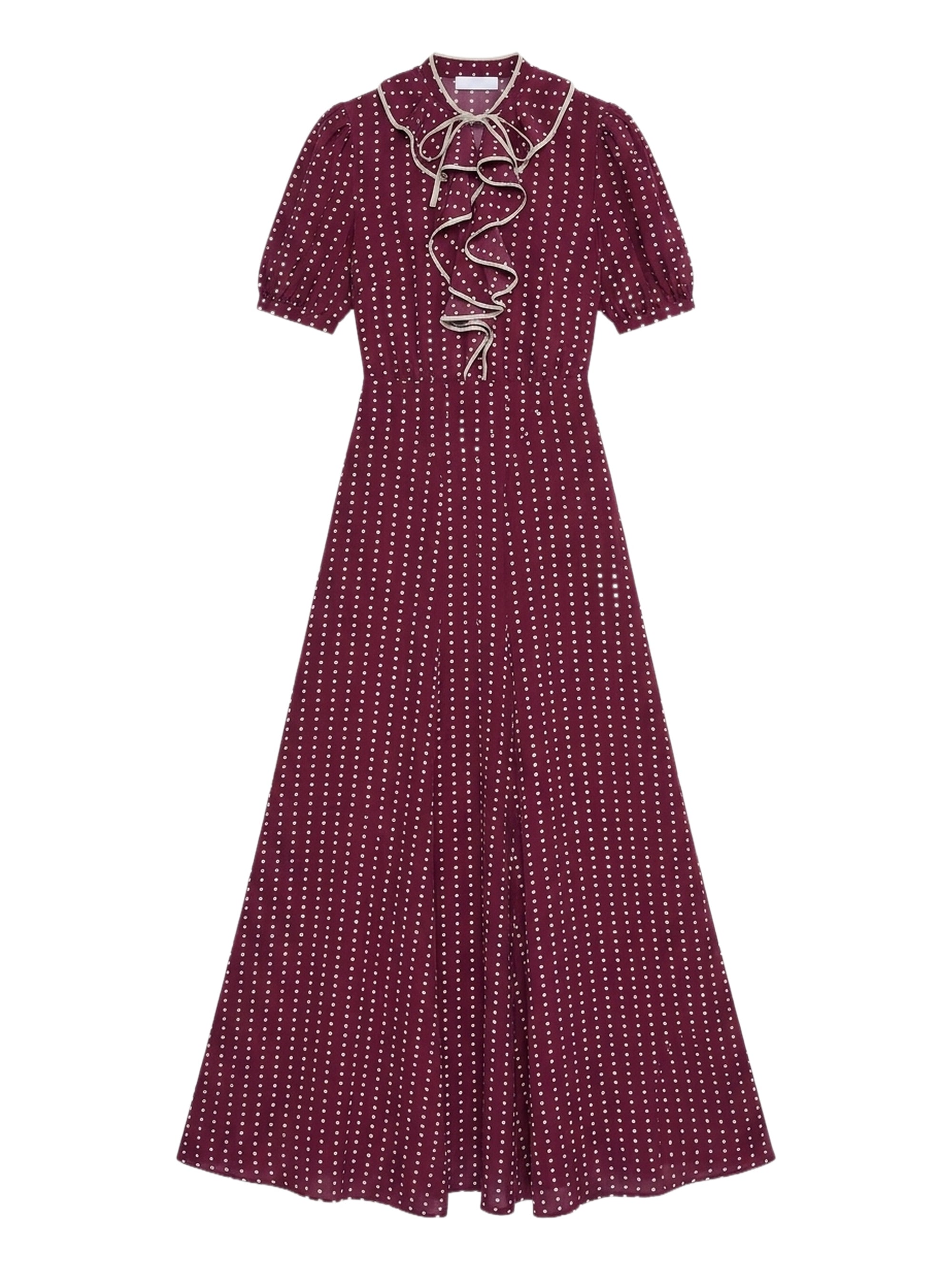 Robe longue à pois manches courtes en soie - Bordeaux & Bianco