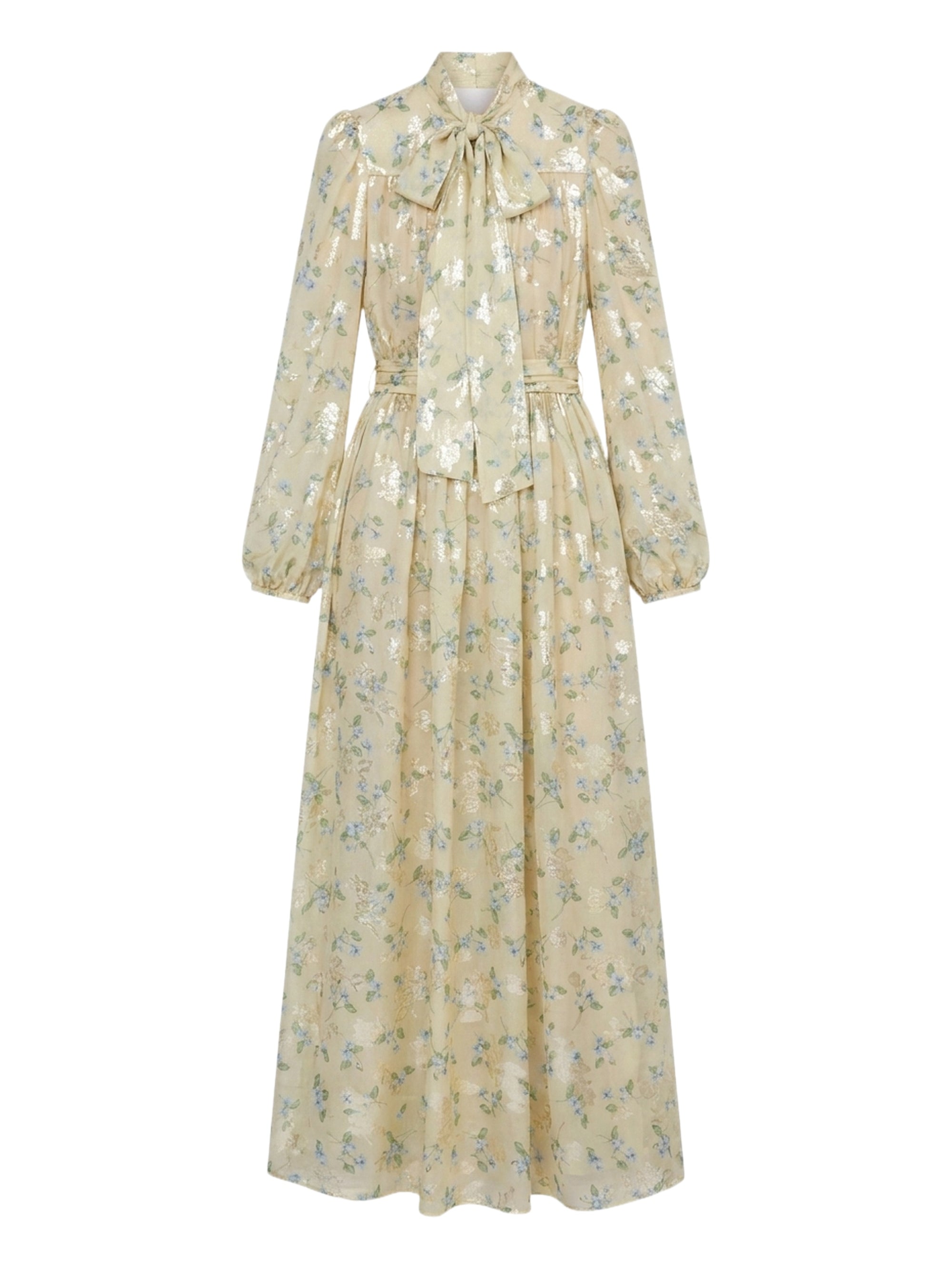 Robe longue avec nœud au col en soie - Giallo Fantasia Oro