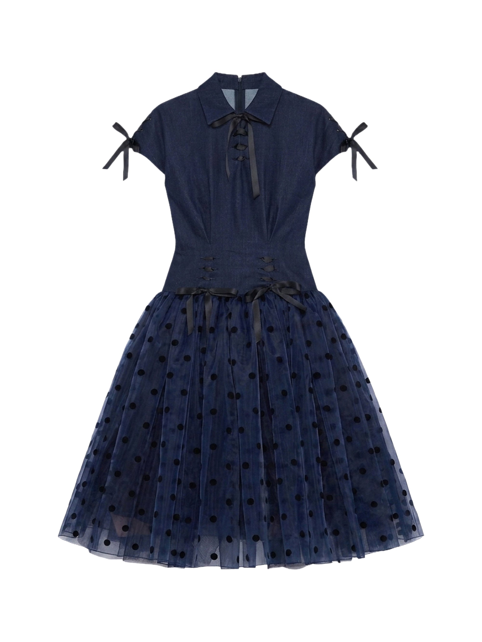 Robe midi coupe bas de taille et jupe en organza à pois - Blu & Nero