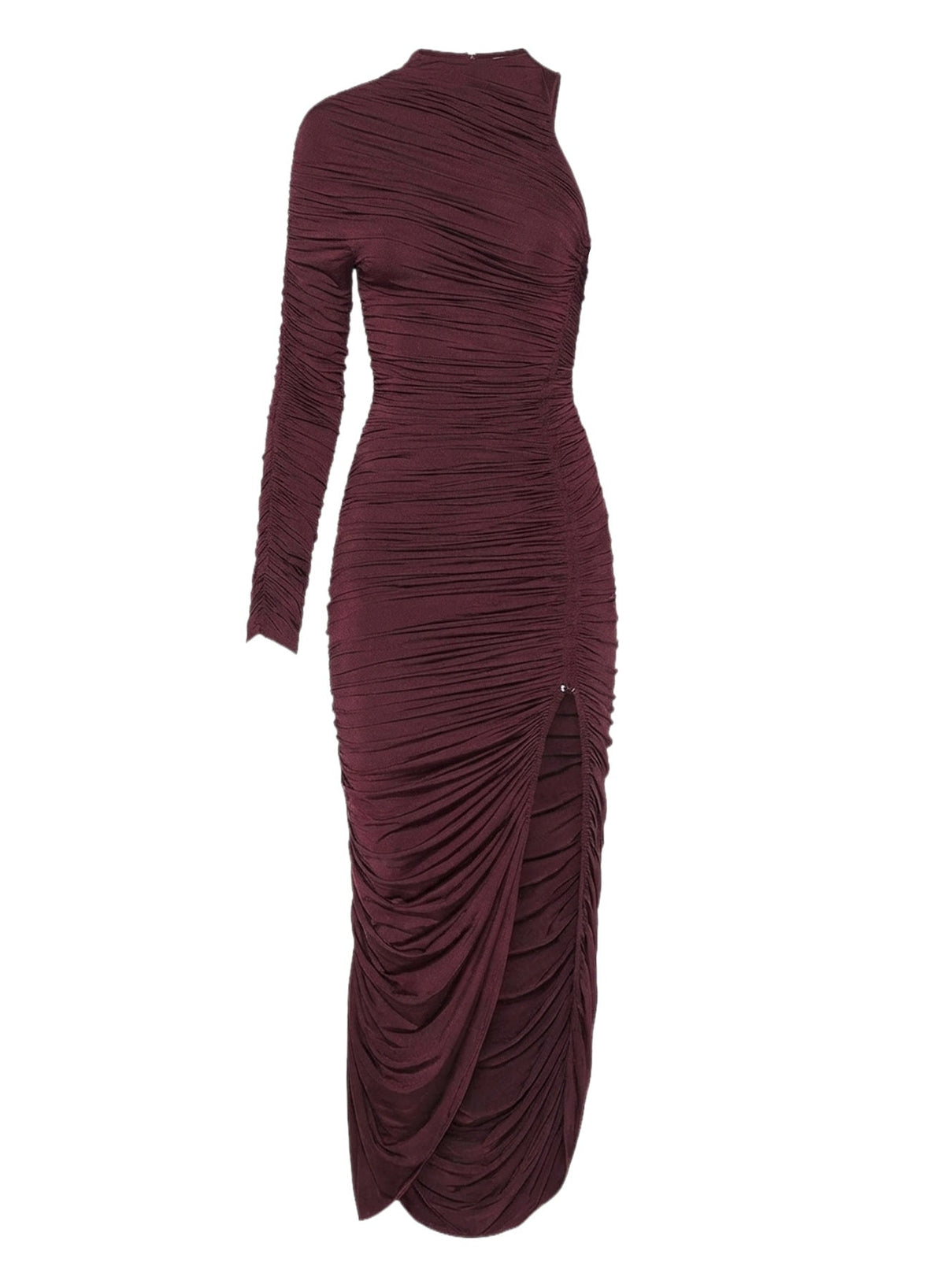 BURGUNDY // burgundy asymmetrical pierced ruched dress