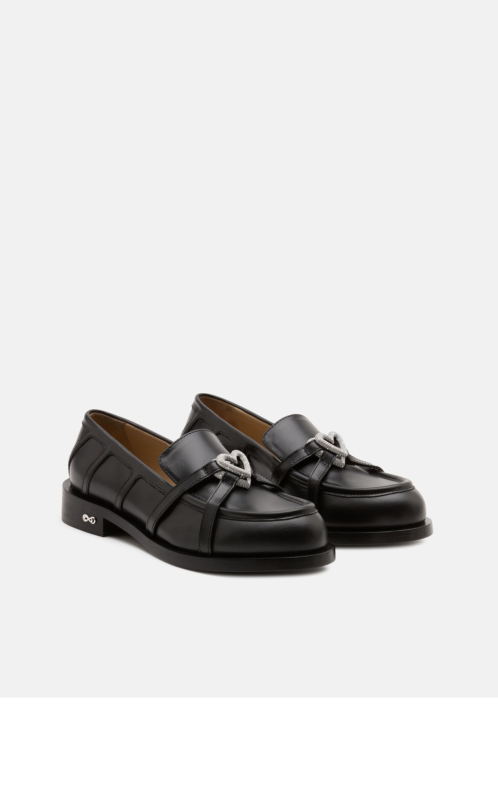 Double Heart leather & rhinestone loafers - Black