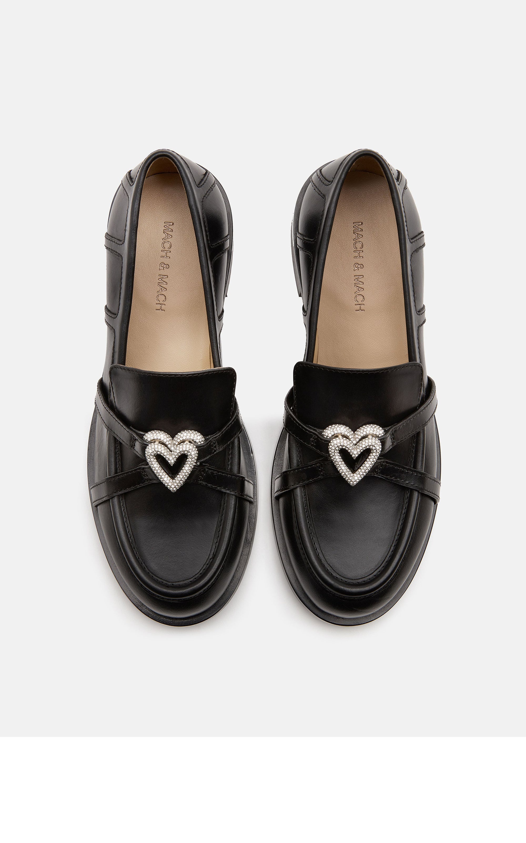 Double Heart leather & rhinestone loafers - Black