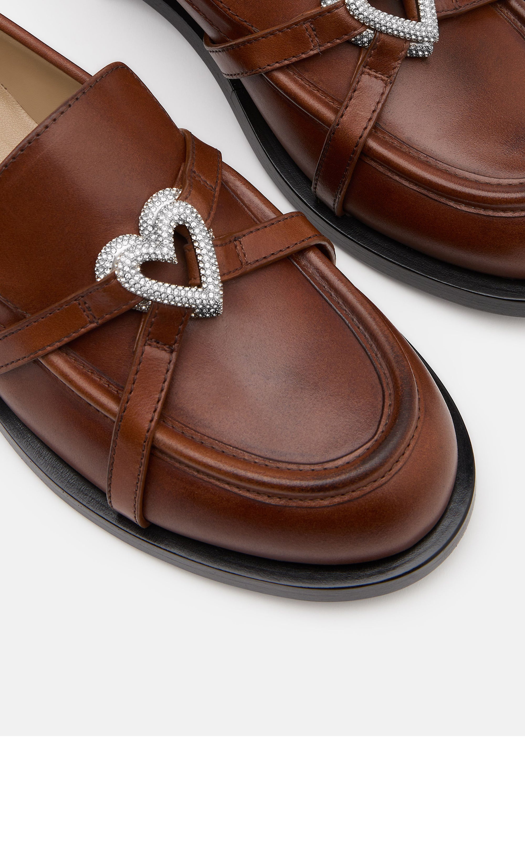 Double Heart leather & rhinestone loafers - Light Brown