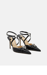 Double Heart 95 strappy pumps in leather & rhinestone - Black