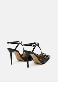 Double Heart 95 strappy pumps in leather & rhinestone - Black
