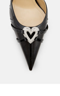 Double Heart 95 strappy pumps in leather & rhinestone - Black