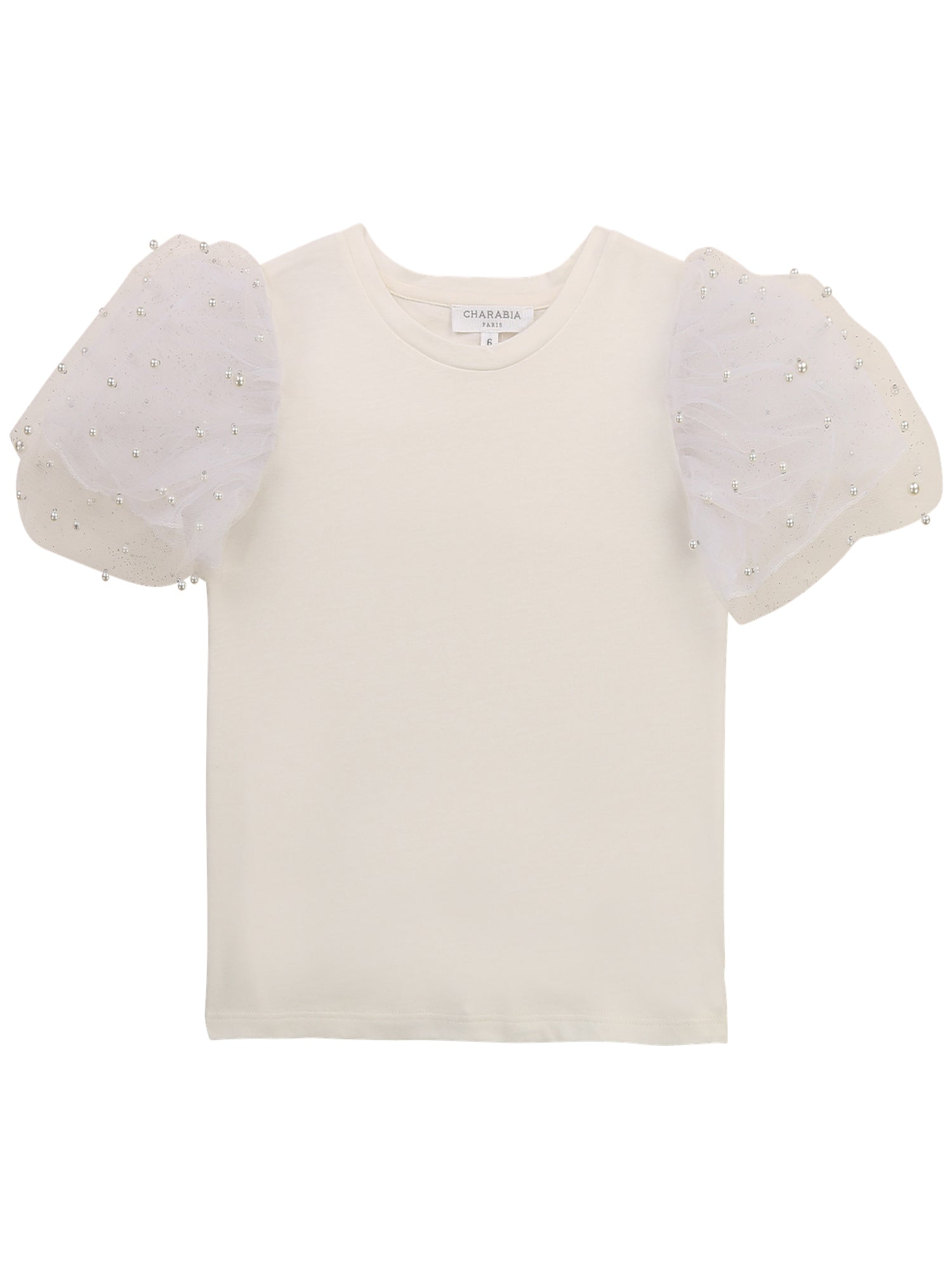 Frilly-sleeved tulle T-shirt - Offwhite