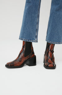 Bottines Chelsea à talons embossées en cuir - Cognac