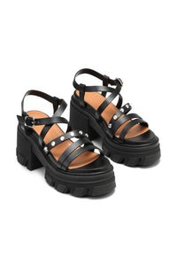Sandales à talons épais en cuir - Black