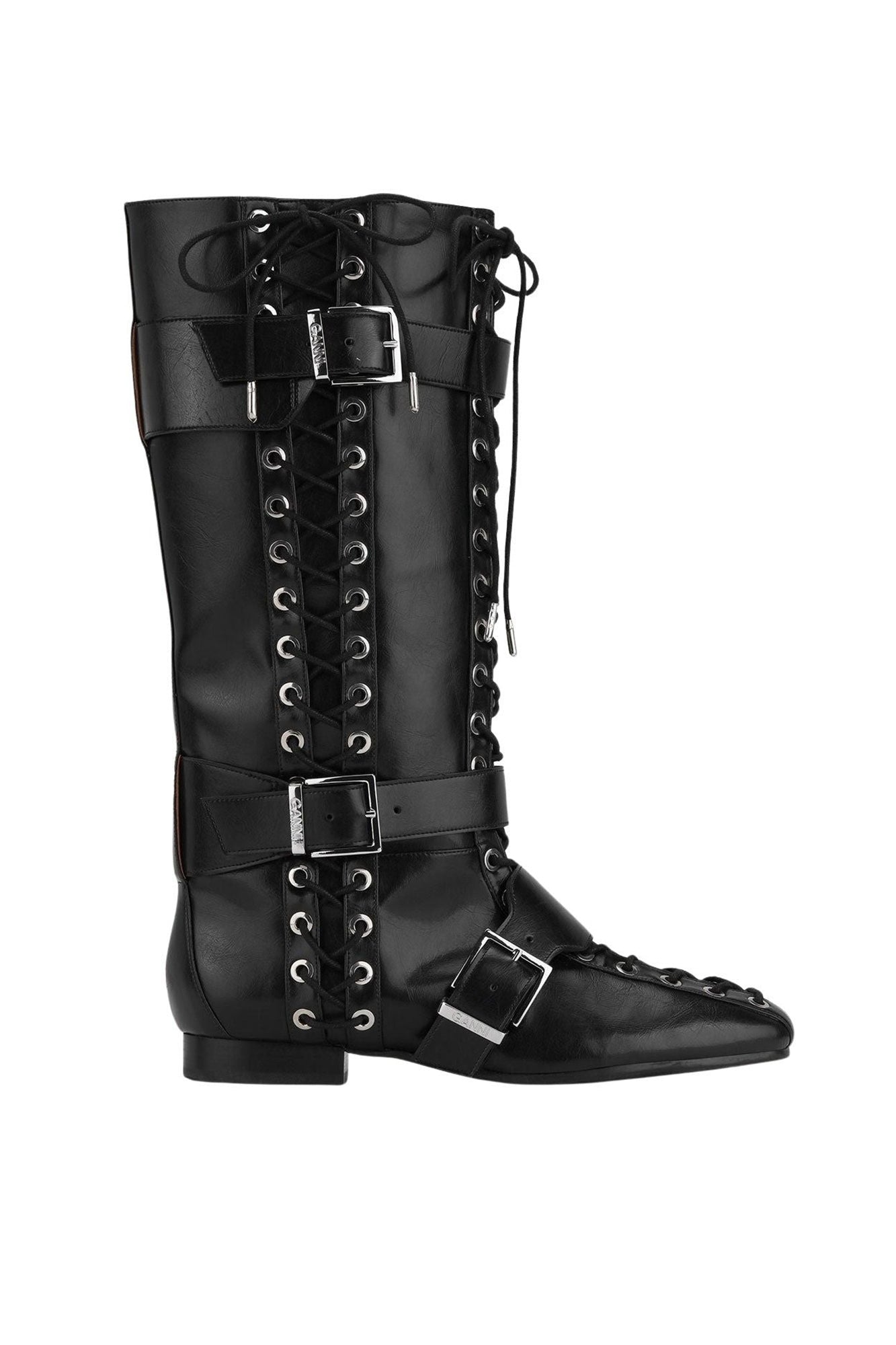 Bottes hautes à lacets en froissé - Black