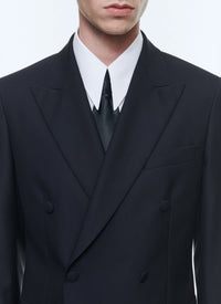 Costume 2 pièces col pointe croisé en laine - Bleu Marine