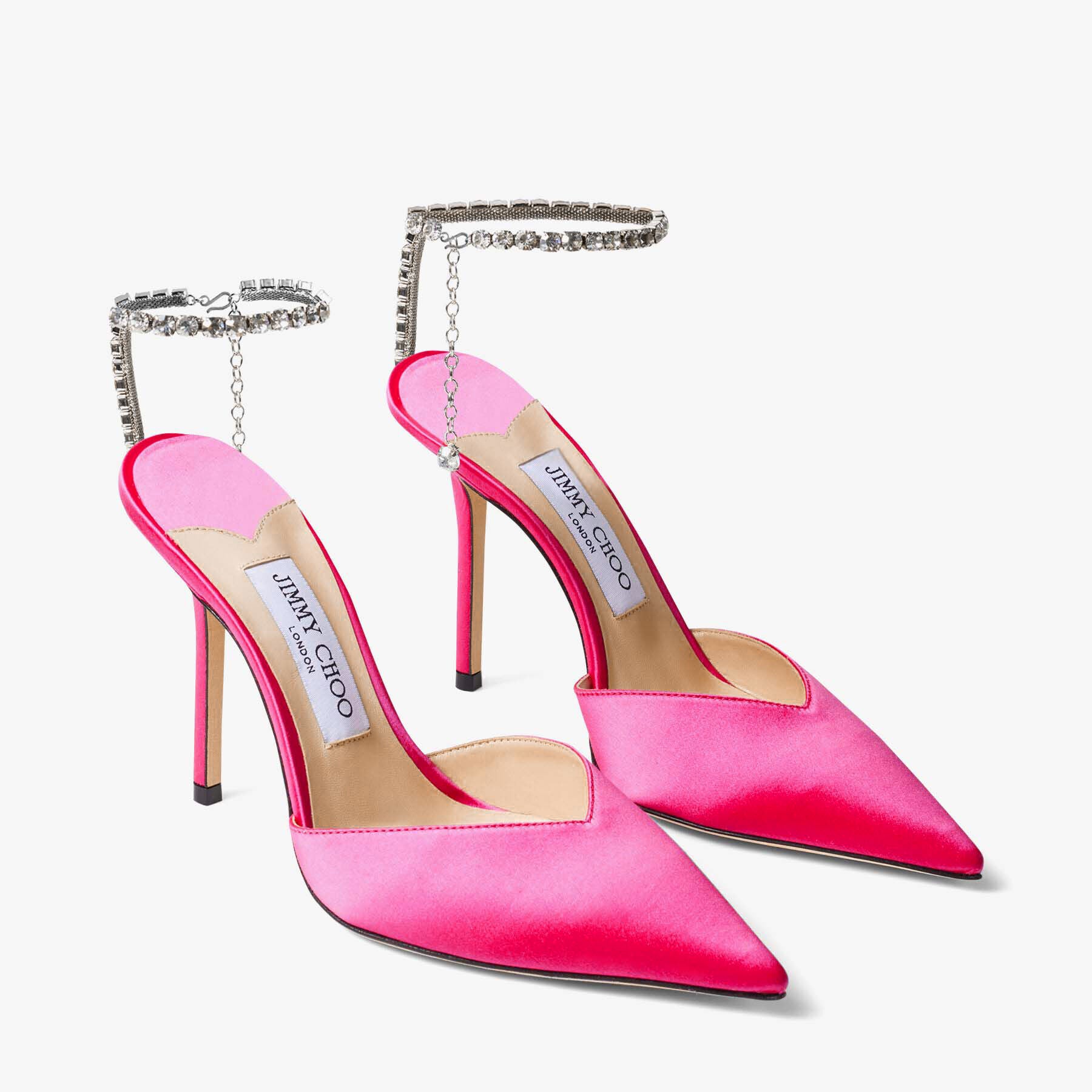 Saeda 100 satin crystal chain pumps - Fuchsia & Crystal Honey