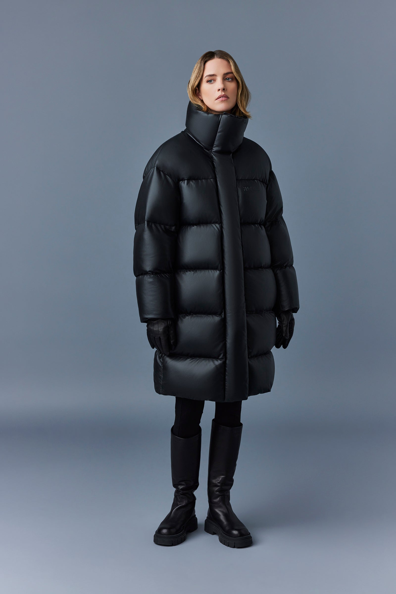 Doudoune longue Saya en cuir - Black