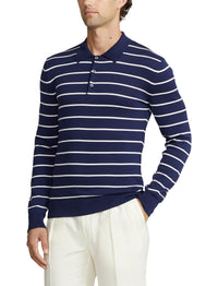 Pull rayé à col polo en coton - Spring Navy &  Optic White
