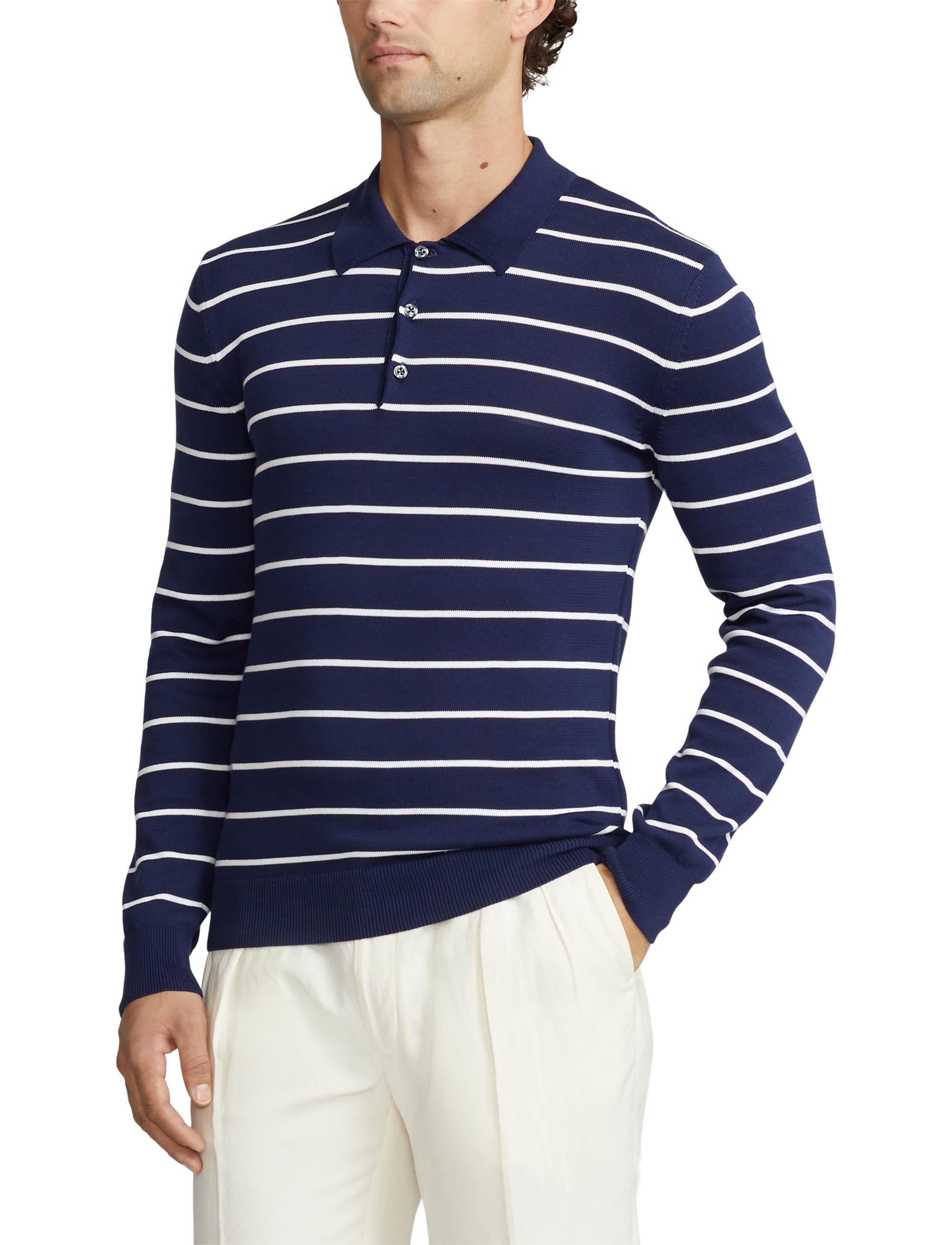 Pull rayé à col polo en coton - Spring Navy &  Optic White