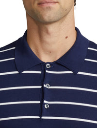 Pull rayé à col polo en coton - Spring Navy &  Optic White