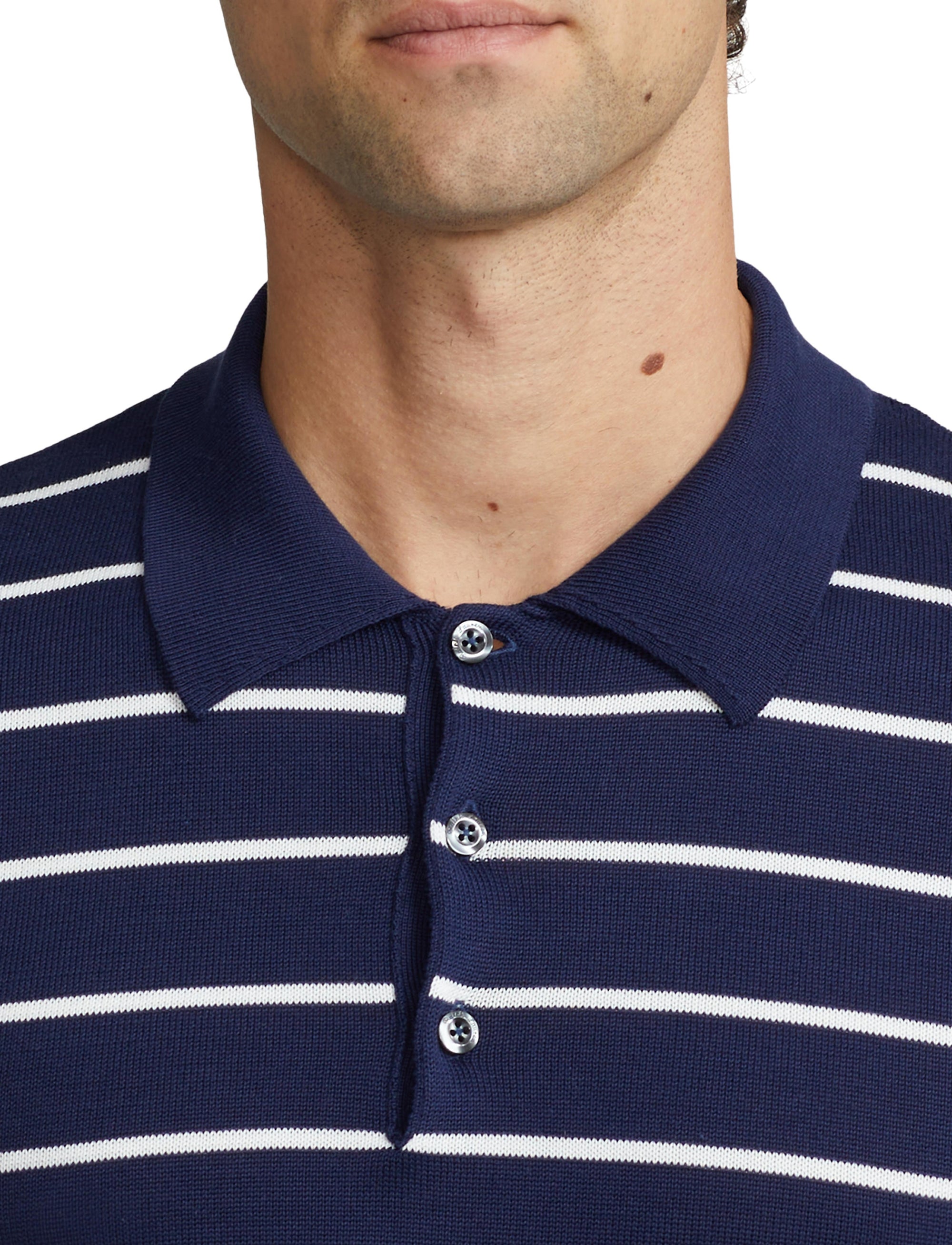 Pull rayé à col polo en coton - Spring Navy &  Optic White
