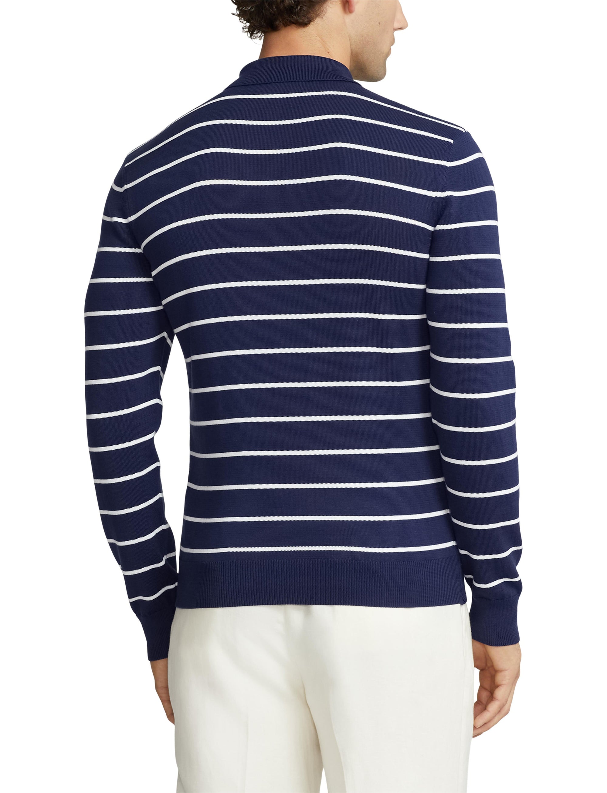 Pull rayé à col polo en coton - Spring Navy &  Optic White