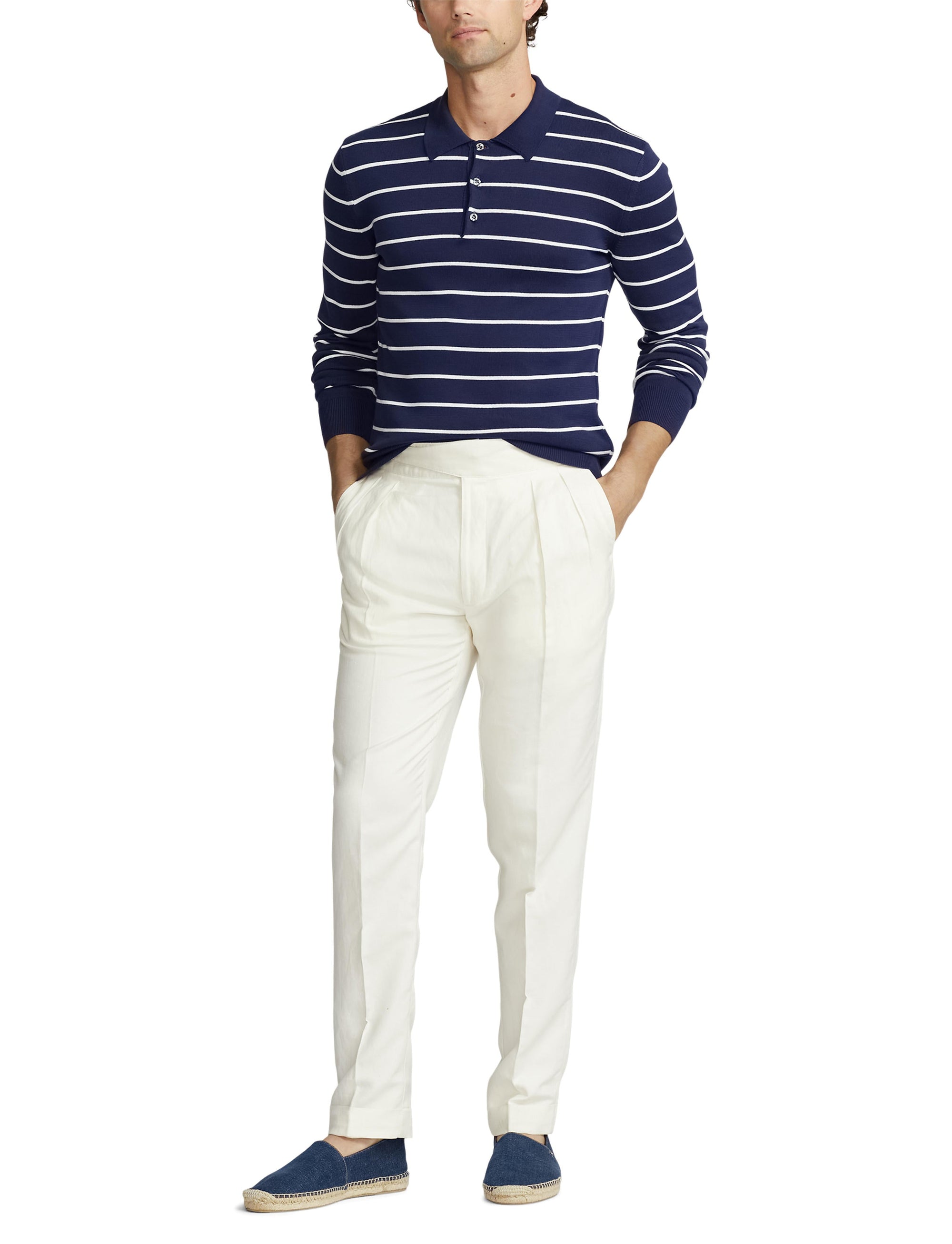 Pull rayé à col polo en coton - Spring Navy &  Optic White
