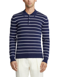 Pull rayé à col polo en coton - Spring Navy &  Optic White