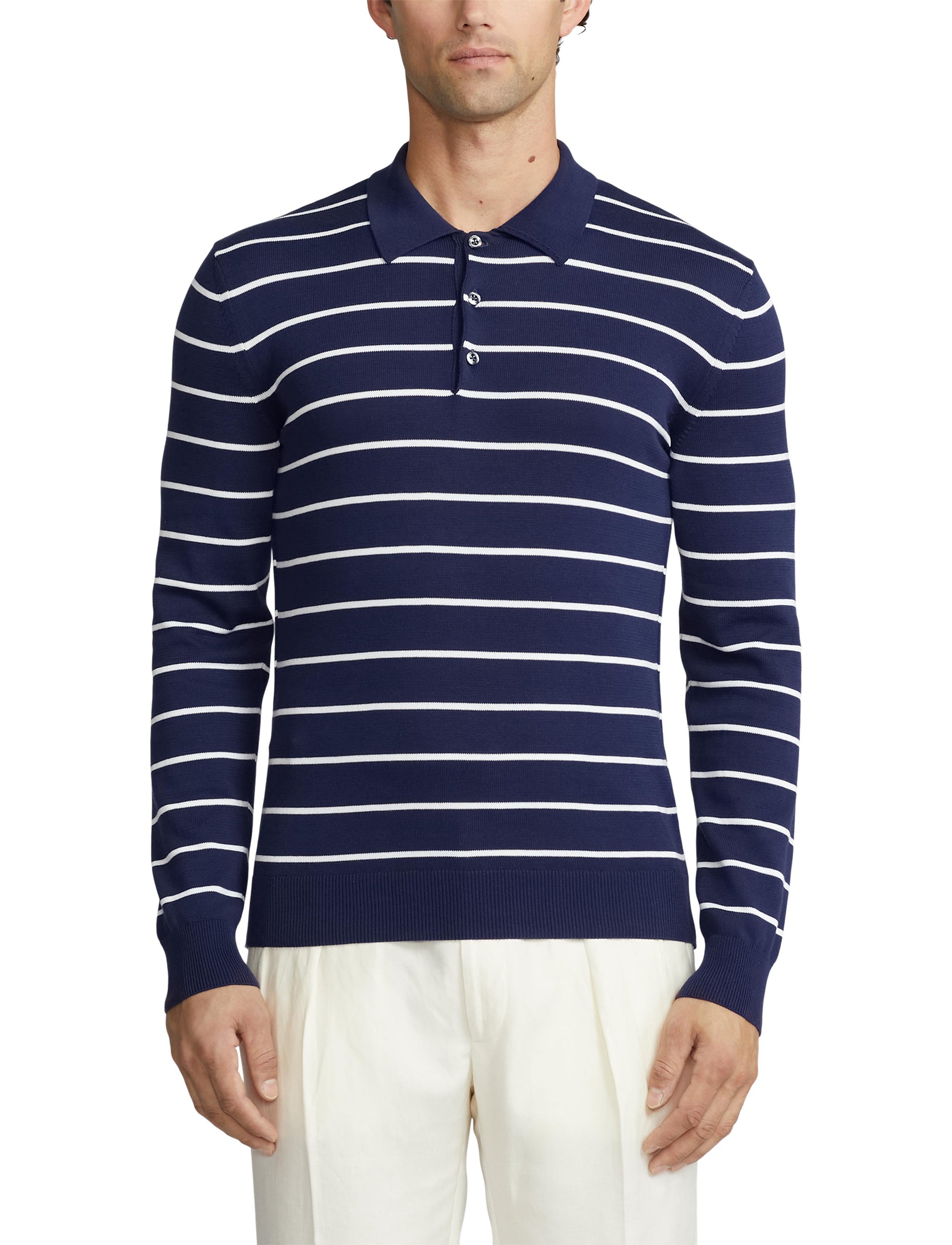 Pull rayé à col polo en coton - Spring Navy &  Optic White