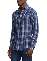 Tartan linen twill shirt - Indigo Blue
