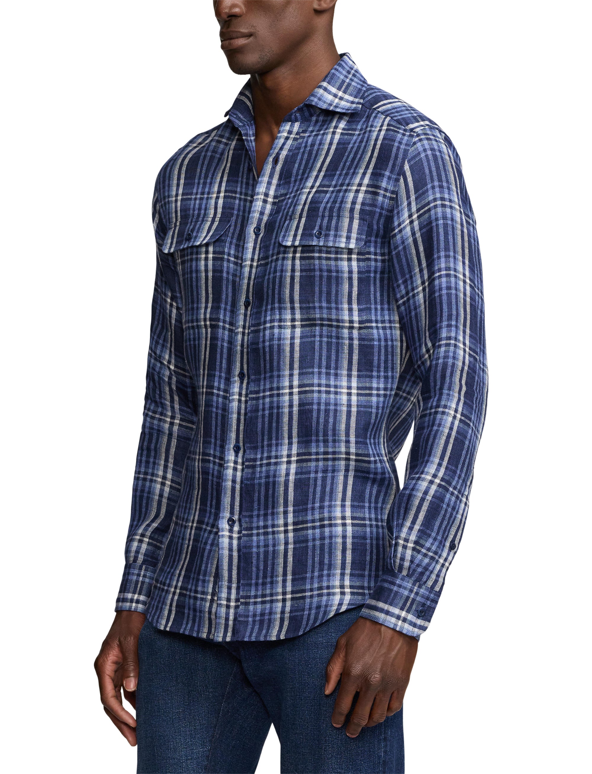 Tartan linen twill shirt - Indigo Blue
