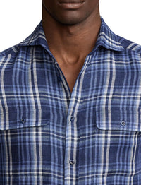 Tartan linen twill shirt - Indigo Blue
