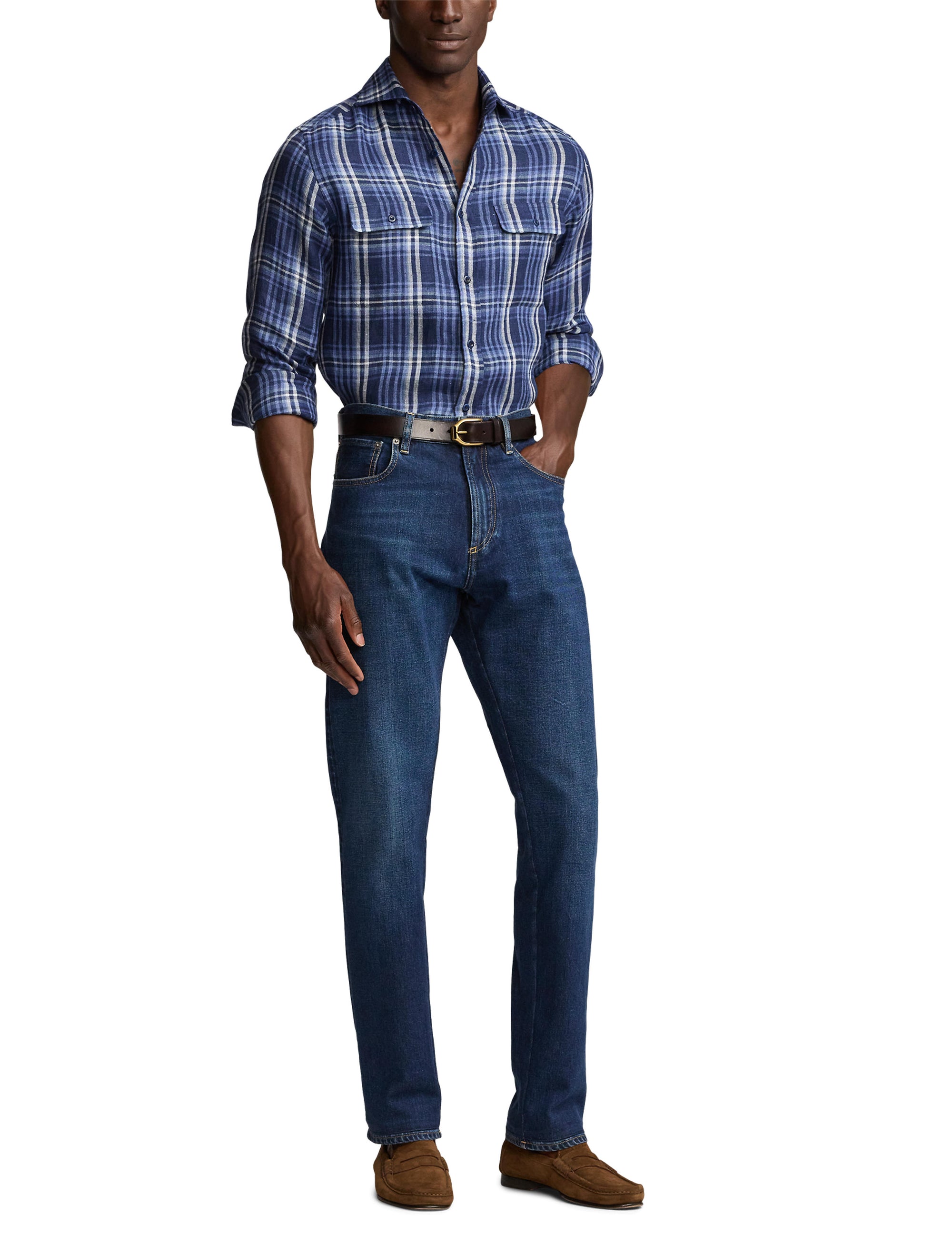 Tartan linen twill shirt - Indigo Blue