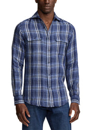 Tartan linen twill shirt - Indigo Blue