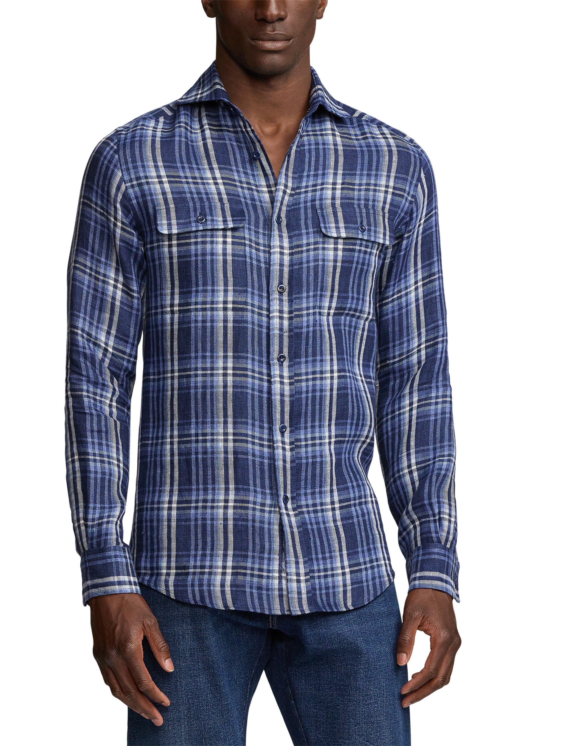 Tartan linen twill shirt - Indigo Blue