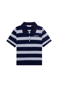 Serif Logo Short-Sleeved Silk Polo Shirt - Navy Blue, White & Blue