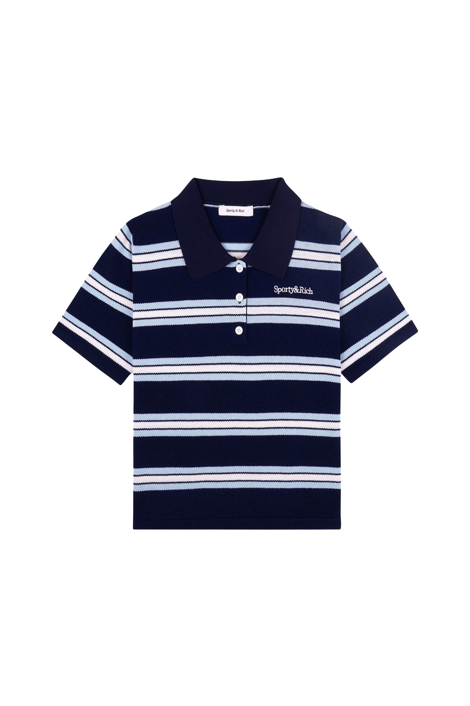 Serif Logo Short-Sleeved Silk Polo Shirt - Navy Blue, White & Blue