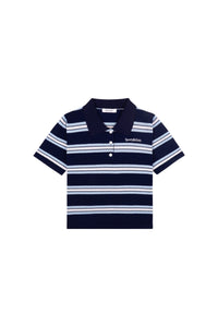 Serif Logo Silk Pique Cropped Polo - Navy & White & Flax Blue